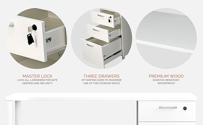 Modern Design Milano Office Desk with 3 Locking Drawers 48 Inch White Industrial Wood Desk with Filing Drawer and Storage by Crafts and Comfort