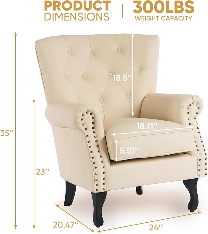 MOJAY PU Leather Accent Chair Set of 2 Modern Armchair Living Room Chair Upholstered Club Chair with Rivet Trim Mid-Century Sofa Chair with Sturdy Wood Legs for Bedroom (Ivory White)