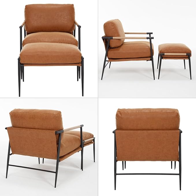 DUOMAY Mid Century Modern Accent Chair with Ottoman Set Brown PU Leather Upholstered Living Room Chair with Metal Legs Lazy Lounge Chair Set with Footrest for Bedroom Living Room