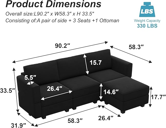 Belffin Modern L Shaped Velvet Sectional Sofa with Chaise Black Storage Adjustable Arm/Backrest