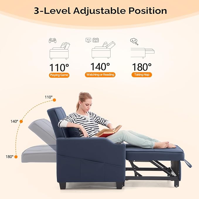 VINGLI Blue Sleeper Chair Bed 3-in-1 Convertible Futon Sofa Bed Pull Out Couch Bed Adjustable Recliner Chair with USB Ports Cup Holders Side Pockets for Living Room Bedroom Small Spaces