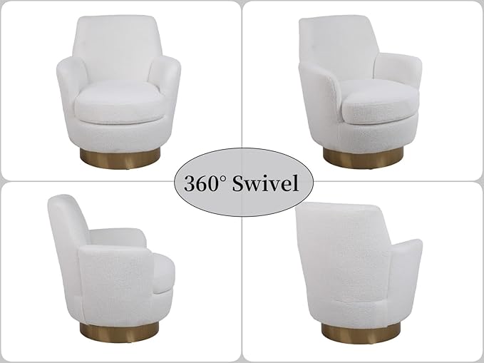 KEIKI Teddy 360° Swivel Barrel Chair with Gold Stainless Steel Base Accent Round Single-seat Upholstered Reading Sofa Armchair for Nursery Reading Living Room Bedroom Lounge Hotel Ivory Teddy