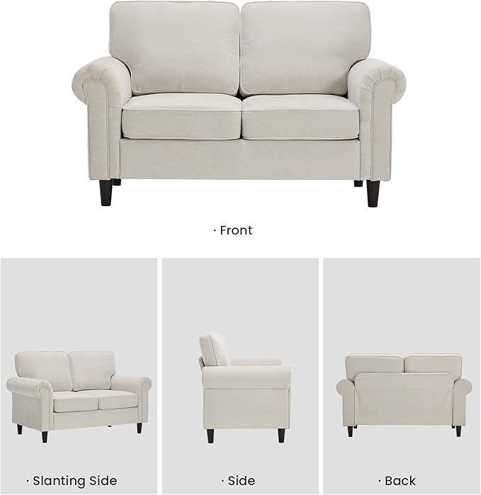 Kingfun Loveseat 2 Seater Couch with Chair Mid Century Modern Chenille Sofa Set with Rolled Arms and Deep Seats Fluffy Comfort for Living Room Apartment Easy Assembly Beige