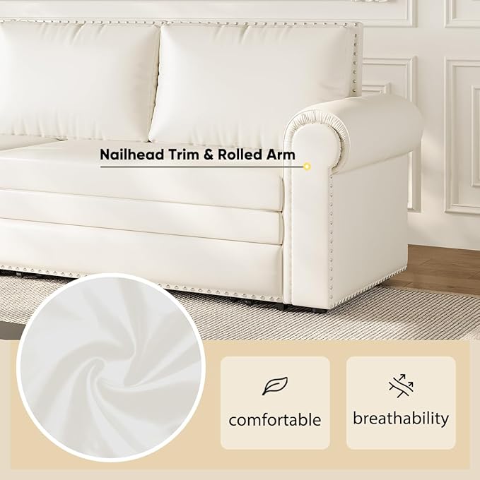 JOYBASE Pull Out Sofa Bed King-Size Convertible Sleeper Sofa Modern 3-Seater Faux Leather Couch with Nailhead for Living Room Office Apartment (Cream White)