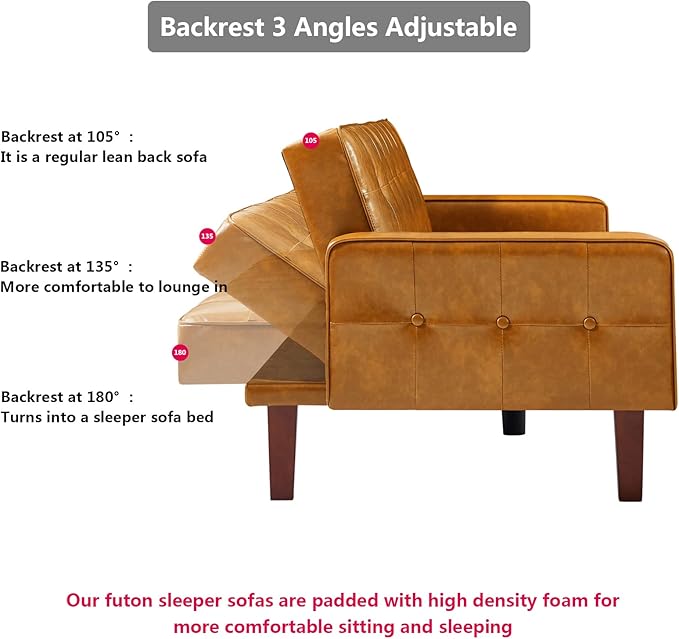 mikibama PU Futon Sofa Couch for Living Room Convertible Faux Leather Upholstered Futon Sleeper Sofa Bed Channel Tufted Bedroom Futons with Solid Wood Legs for Small Spaces