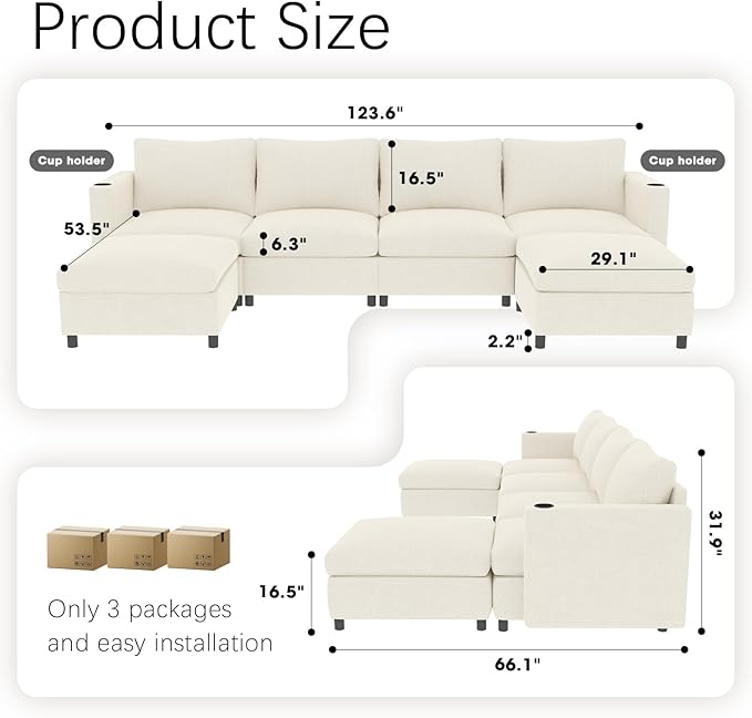 123 Modular Sectional Sofa Couch Convertible U Shaped Sectional Couches with Storage Ottoman 6 Seat Modern Sofa Set for Living Room and Office Beige