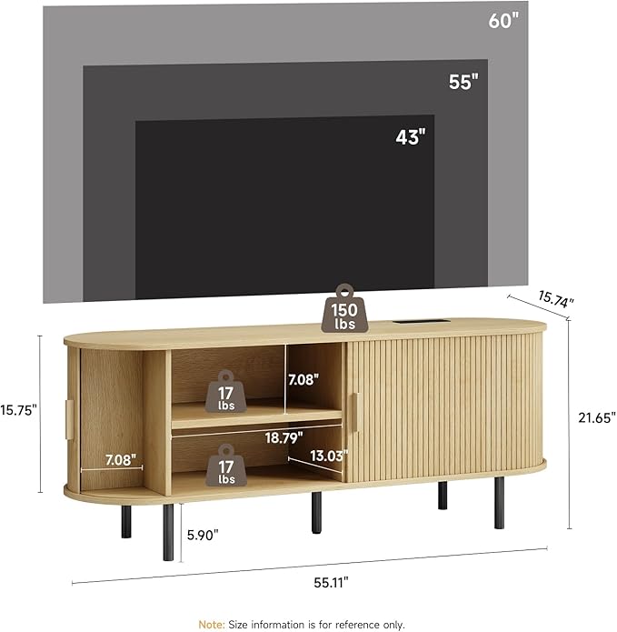 55 TV Stand with Power Outlet Modern Media Console with Sliding Doors Entertainment Center for TVs up to 60 Inch Adjustable Shelves Oak