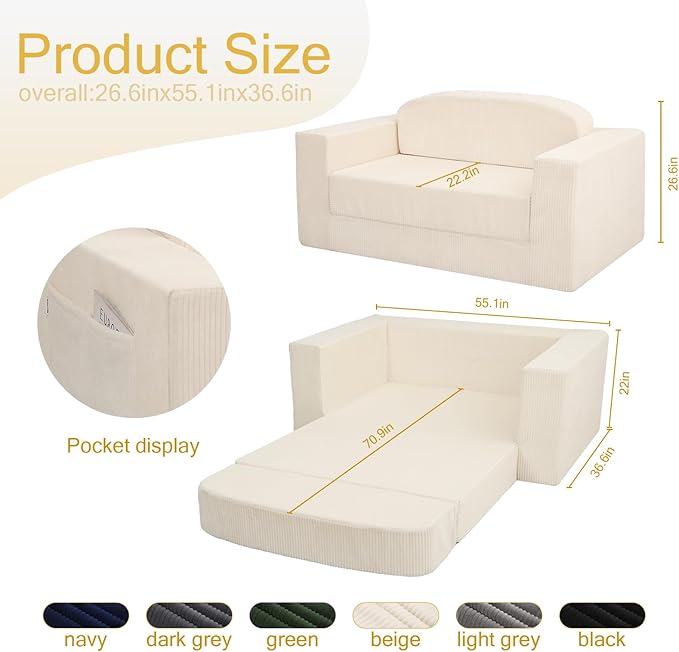 MeMoreCool Convertible Sofa Bed – Small Beige Corduroy Loveseat Sleeper Boneless Fold-Out Cloud Couch with Foam Trifold Floor Futon with Washable Cover for Bedroom Apartment Guest Room
