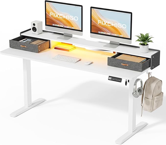 Electric Standing Desk with Drawers 63 Inch Height Adjustable Desk with Power Outlets &amp LED Lights Sit Stand Table with Monitor Stand for Home Office White