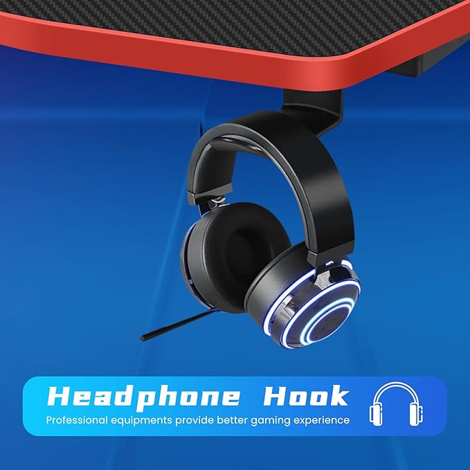 Gaming Desk 35 Inch Z-Shaped Gaming Computer Desk Modern Ergonomic PC Computer Table Home Office Desk Racing Style Gaming Workstation with Headphone Hook Red