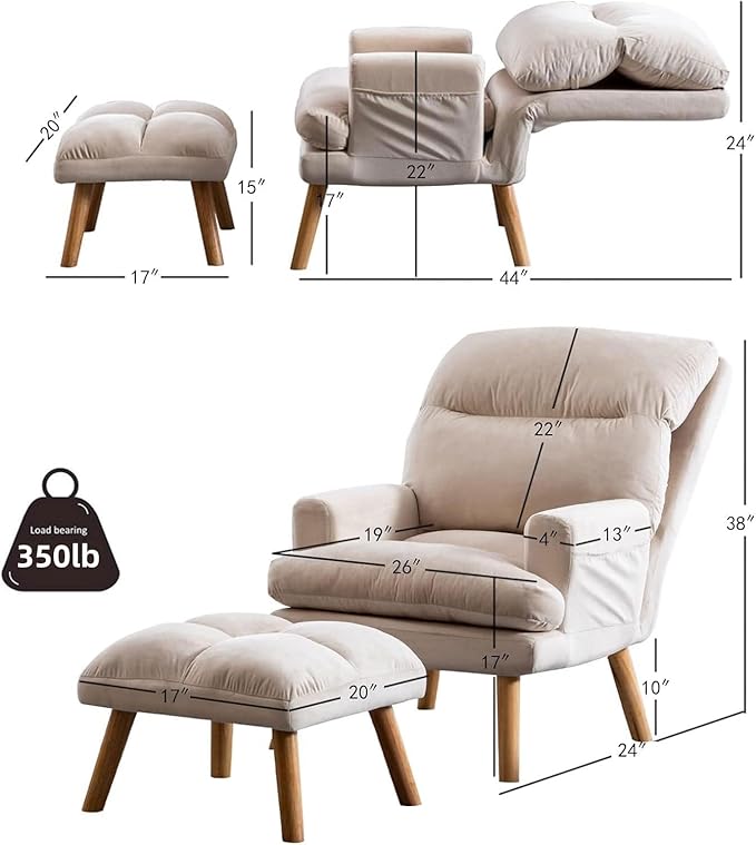 CANMOV Modern Accent Chair with Ottoman Set of 2 Soft Fabric Armchair with Adjustable Backrest and Side Pockets Comfy Lounge Chair for Living Room Bedroom Apartment Office Beige