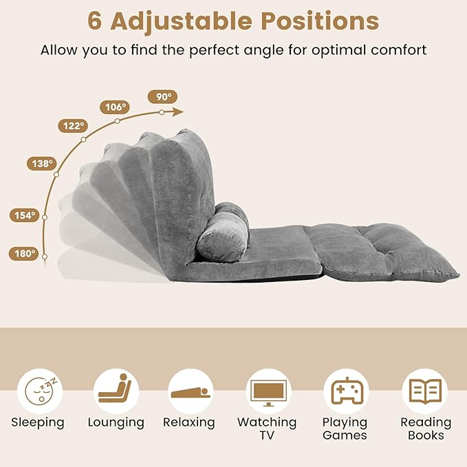KOMFOTT Foldable Floor Lazy Sofa with 2 Pillows 6-Position Adjustable Reclining Sofa Sleeper Bed Convertible Futon Couch Bed Floor Couch Lounge for Relaxing Reading Playing Gaming (Grey)