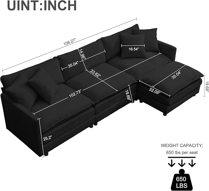 Modular Sectional Sofa108.27'' Modern Corduroy Sofa Set for Living Room with 3 Seat &amp 1 Ottoman &amp 3 Pillows Comfy Cloud Couches with Movable Ottoman DIY Combination Chenille (Black L Shap