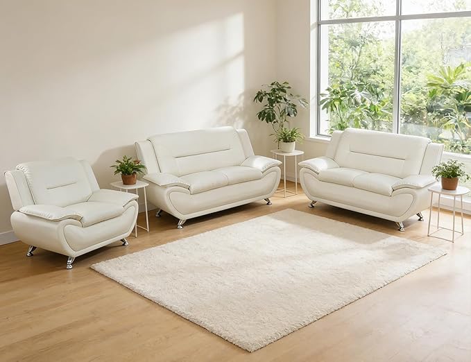 Leather Sectional Sofa Couch Set Living Room Furniture Sets Modern Faux Leather Sofa Couches with Metal Feet Easy Clean 2 Loveseat &amp 1 Chair for Home/Office/Club/Hotel 2+2+1 Cream White