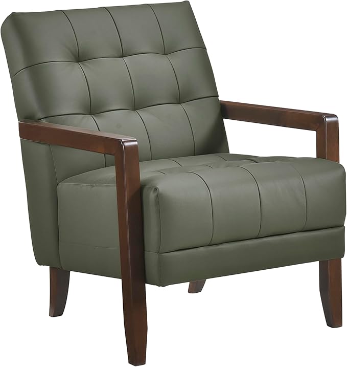 Lexicon Modern Accent Chair Luxury Genuine Leather Match Living Room Chair with Tufted Cushions Solid Wood Frame and Arm Rest Comfy Upholstered Single Seat for Bedroom/Reading/Office Green