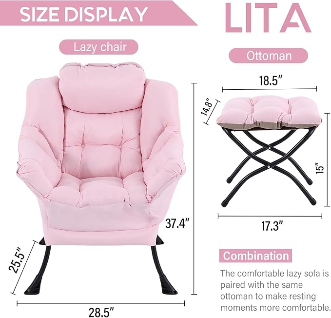 LITA Lazy Chair with Ottoman Modern Accent Leisure Upholstered Sofa Contemporary Lounge Reading Chair with Armrests and a Side Pocket for Living Room Bedroom &amp Small Space Pink