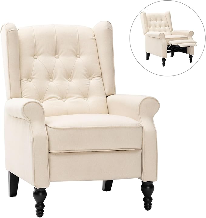 Recliner Wingback Chair Modern Linen Fabric Push Back Recliner Chairs Linen Fabric Single Sofa Lounge Chair Manual Recliner Chai for Adults Living Room Bedroom (Beige)
