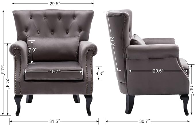 chairus Mid-Century Modern Accent Chair Comfy Tufted Single Sofa Chair Wingback Armchair with Pillow for Club Living Room Bedroom - Velvet Grey