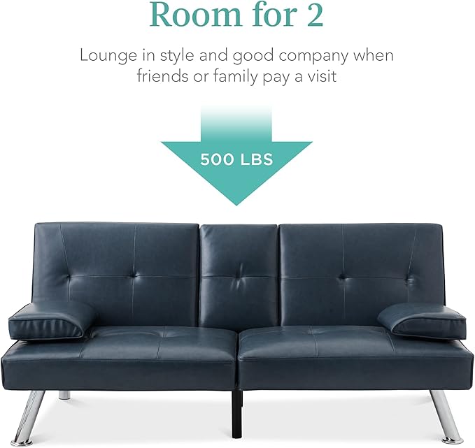 Best Choice Products Faux Leather Upholstered Modern Convertible Futon Adjustable Folding Sofa Bed Guest Bed w/Removable Armrests - Blue