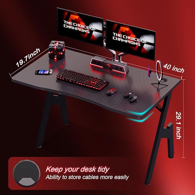 HLDIRECT 40 Inch Gaming Desk Small Computer Gaming Desk Table with Cable Management Ergonomic A Shape Modern Carbon Fiber Gamer Table Pc Workstation Home Office Desks for Small Space Black