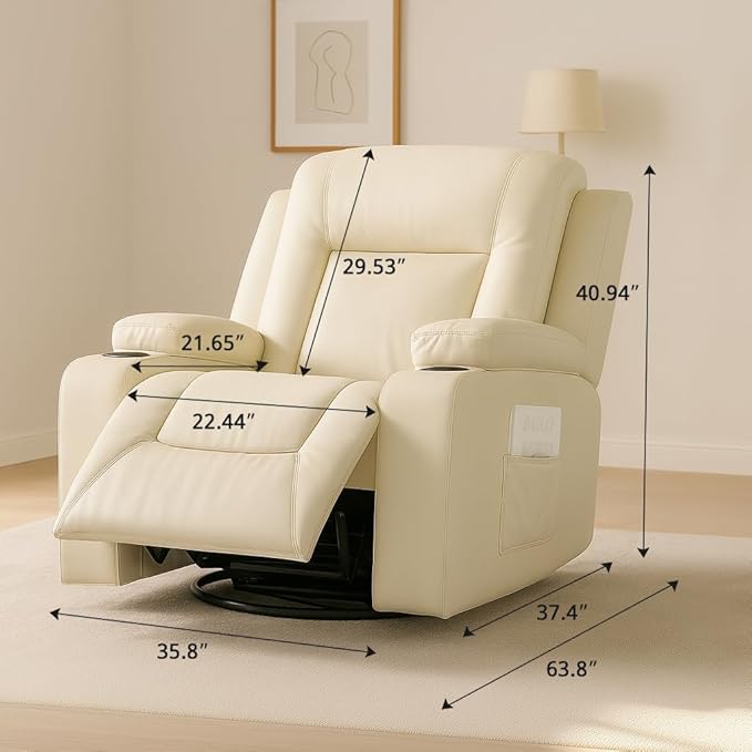 COMHOMA Recliner ChairPU Rocking Chair for AdultsSwivel Recliner with Cup HoldersSingle Sofa Seat with Side Pockets for Living RoomBedroom(White)