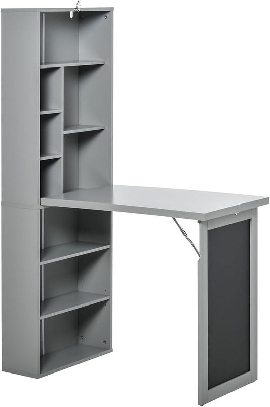 Fold-Out Convertible Writing Table Wall Mount Desk Cabinet with Blackboard and Side Shelf Multi-Function Home Office Workstation Grey