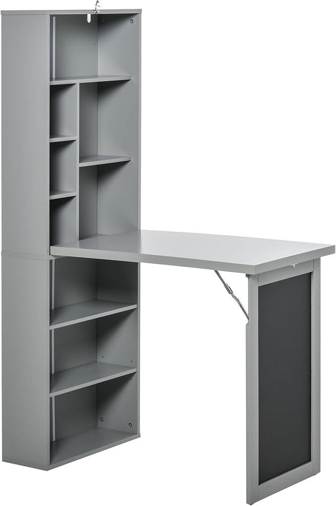 Foldable Wall Mount Desk Cabinet with Writing Blackboard and Storage Shelf - Grey - Compact Home Office Workstation