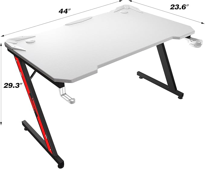 Homall Gaming Computer Desk with Carbon Fiber Surface Gaming Table Z Shaped Pc Home Office with Cup Holder&ampHeadphone Hook(44 in White)