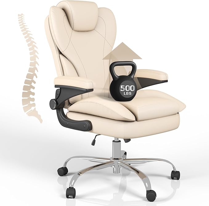 Office Desk Chair Executive Leather Office Chair High Back Ergonomic Home Desk Chair with Padded Flip-up Arms Big and Tall Computer Chair with Rocking Function 360°Swivel Free Beige