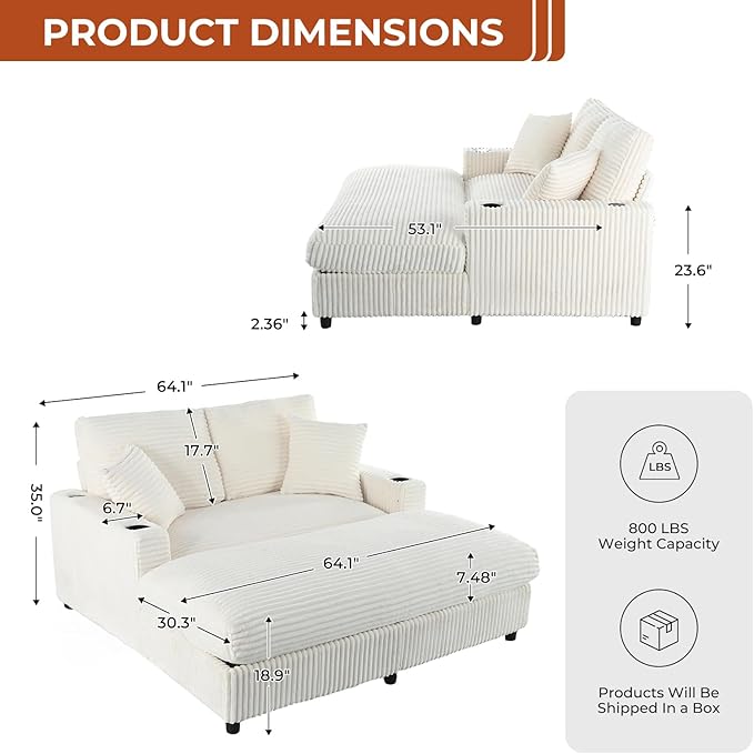 65 Oversized Chaise Lounge Chair Indoor Upholstered Sofa Bed with Pillows &amp 2 Cup Holders Sleeper Couch Comfy Corduroy Recliner Chair for Living Room Movie Room Bedroom White