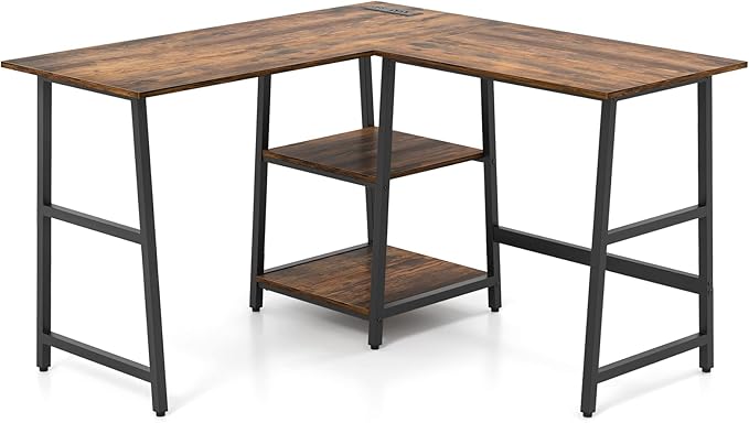 Tangkula 48” L Shaped Computer Desk Corner Study Writing Desk with Outlets &amp USB Ports Home Office Desk Computer Workstation with 2-Tier Shelf Executive Desk (Rustic Brown)