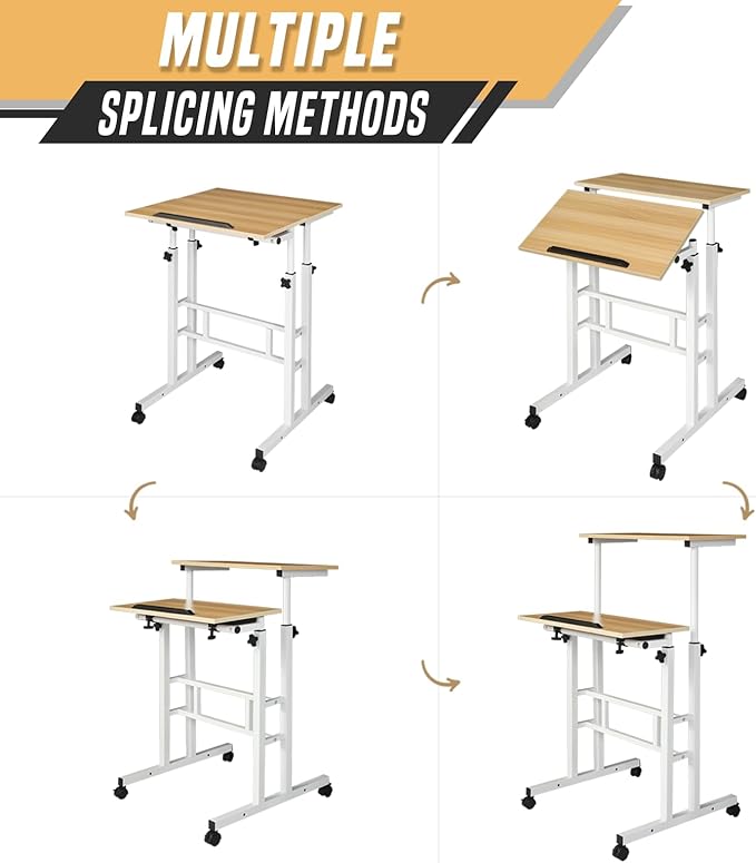 Small Standing Desk Adjustable Height and Angle Computer Laptop Desk Home Office Sit Standup Desk Portable Rolling Desk with Wheels 2 Platforms Natural