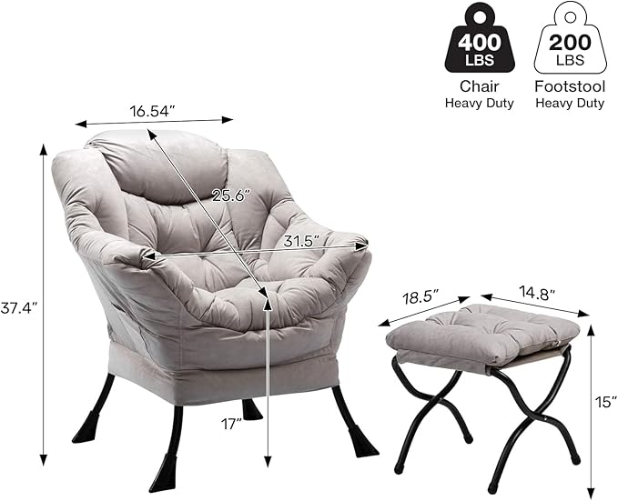 HollyHOME Lazy Chair with Foldable Ottoman Accent Comfy Lounge Armchair and Folding Footrest Stool Leisure Sofa Reading Chair and Footstool for Living Room Bedroom DormTextured Grey
