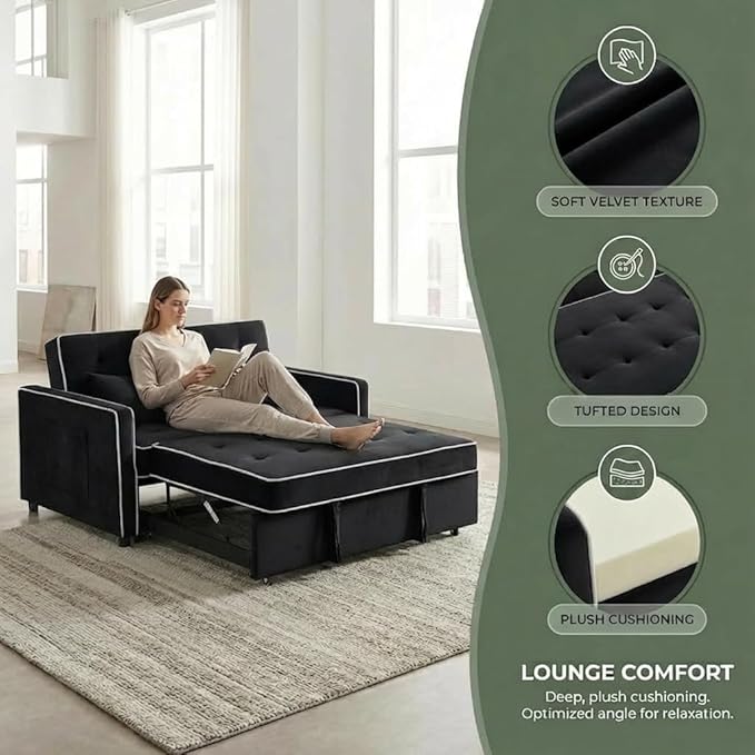 Convertible Velvet Sofa Bed with Pull-Out Bed &amp Side Storage Pockets Modern Sleeper Sofa for Living Room Apartment Small Spaces and Bedroom (7705-Black)