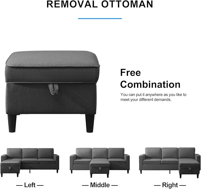 PUREMIND 3 Piece Living Room Sofa Sets Modern 3 Seater Sofa with Ottoman and Loveseat and Armchair Sets Linen Fabric L Shape Couch Set of 3 for Living Room Dark Grey