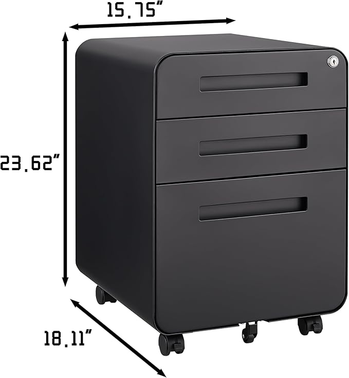 Office Pedestal File Cabinet: Lockable Compact Storage Solution for Home Office - Under Desk Cabinet with Removable Pencil Tray Hanging Bar and 5 Utility Wheels (Black)