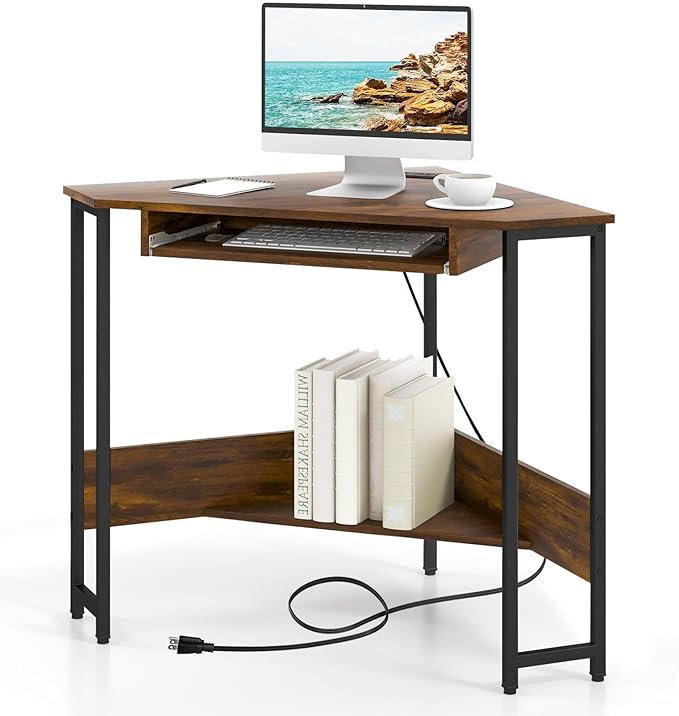 Corner Desk with Outlets &amp USB Ports Computer Desk W/Storage Shelf &amp Keyboard Tray for Small Space Industrial Small Side Table for Home Office Workstation Rustic Brown