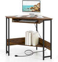 Corner Desk with Outlets &amp USB Ports Computer Desk W/Storage Shelf &amp Keyboard Tray for Small Space Industrial Small Side Table for Home Office Workstation Rustic Brown
