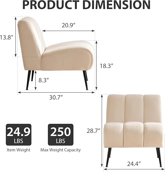 Armless Accent Velvet Chairs Set of 2 Single Sofa Chair Mini Cute Side Sofa with Upholstered Cushion for Small Space Apartment Bedroom Living Room Beige.