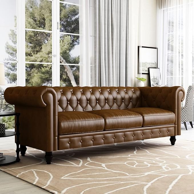 WILLIAMSPACE 88.2 Chesterfield Sofa Couch for Living Room 3 Seater Couches Upholstered Tufted PU Sectional Sofa for Office Apartment - Brown