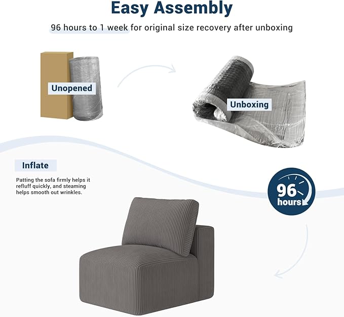 Modern Single Boneless Sofa Couches for Living Room - 39 Cloud Couch - Easy Assembly Cozy Corduroy Convertible Full Sponge Compression Sofas for House Apartment(Grey)