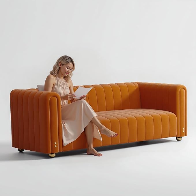 82 Deep Seat Sofa - Gold Leg Modern Couch with Serpentine Springs 750LBS Capacity &amp Fade-Resistant Fabric for Living Room (Emerald Green/Burnt Orange/Classic Black) (Orange 3S)