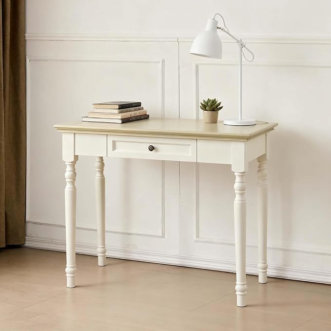 35” Off White Solid Wood Writing Desk with Drawers Farmhouse Computer Desk with File Storage Ideal for Home Office Bedroom or Study Room