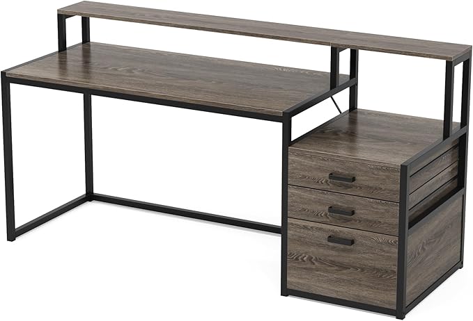 LITTLE TREE 63 Inch Computer Desk with File Drawer Cabinet Home Office Desks with Ergonomic Monitor Stand