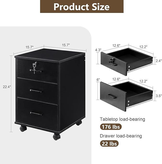TUKAILAi Mobile File Cabinet with 3 Drawers Lockable Storage Unit Wooden Rolling Office Filing Cabinet with Wheels for Legal/Letter/A4 Sized Documents Home Office (Black 1PCS)