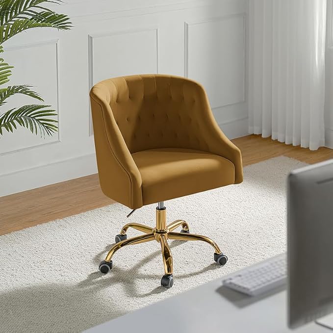 Velvet Office Chair with Gold Base Modern Cute Desk Chair Comfortable Adjustable Swivel Task Chair for Home Office Living Room Bedroom Vanity Study Golden