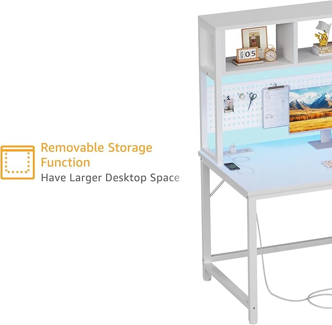 White Gaming Desk with Hutch and Pegboard - Computer Desk with Hutch Power Outlet 47 Inch Art Desk with Storage Hooks RGB and Side Bag Writing Modern Study Teen Desks for Girl Bedroom Home Office