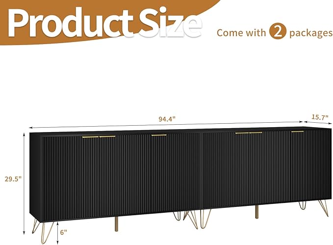 Fluted TV Stand for 100 Inch TVBlack TV Stands for Living RoomModern Entertainment Center with Storage CabinetsAdjustable Shelves &amp Gold HandlesWood Media Console for Living Room