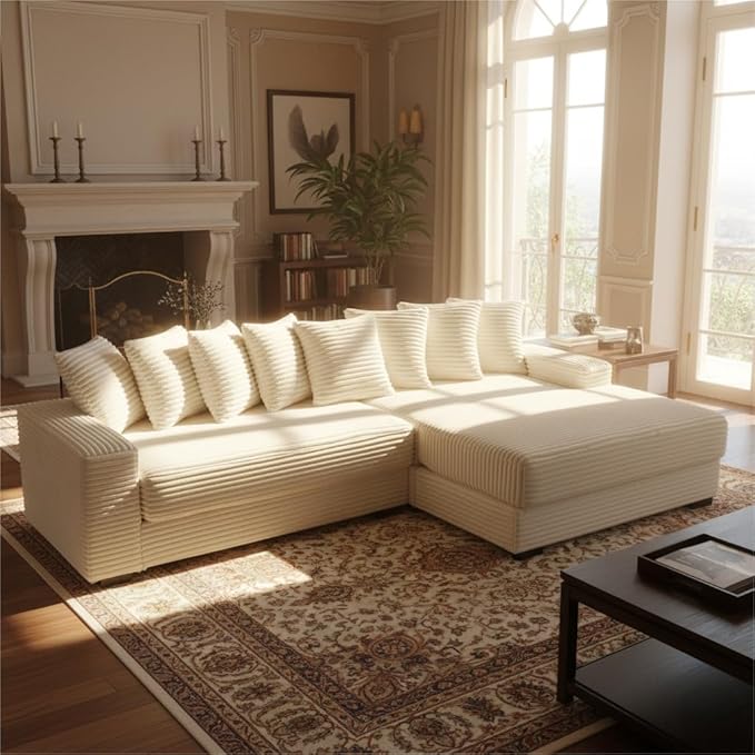 110 Cloud Sectional Couch L Shaped Sectional Couch with Chaise and 8 Side Sleeper Pillows 5 Seat Sleeper Sofa Bed for Living Room Corduroy Fabric Beige Right Style