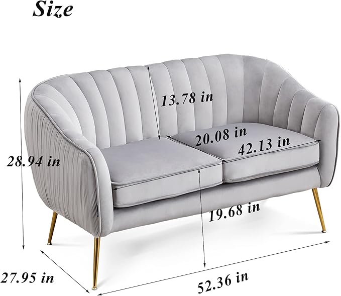Artechworks Contemporary Tufted Velvet Tub Barrel Loveseat Sofa Chair Upholstered Couch with Golden Metal Legs Club Two-Seat Sofa for Living Reading Room Bedroom Apartment Small Space Dorm Grey